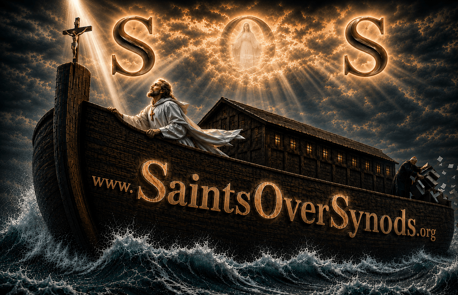 A great wooden ark rides violent seas beneath the illuminated letters S O S. A saint at the bow looks to Heaven; a bishop at the stern scatters papers to the wind. A crucifix is lit by a beam of light, and the Blessed Virgin Mary stands within the O. SaintsOverSynods.org is lettered along the hull.